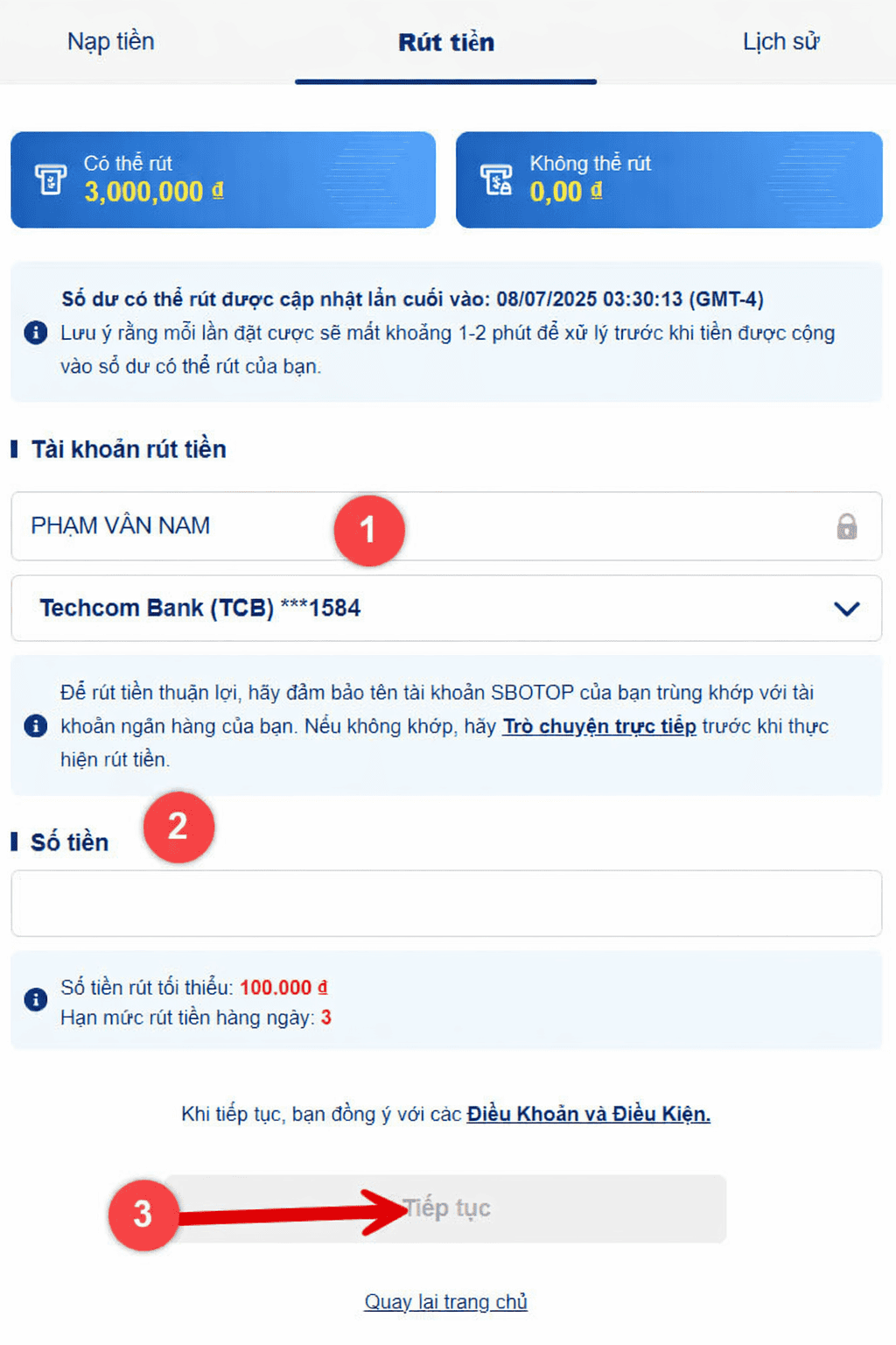 buoc 3: nhap thong tin rut tien